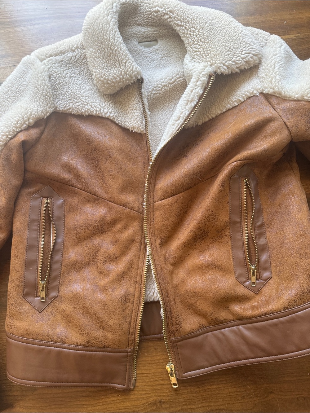 MOTHER Brown Suede-Look Puffer Jacket with Cream Sherpa Trim